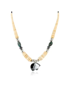Certified Authentic Bear Navajo Native .925 Sterling Silver Graduated Heishi Turquoise and Hematite Native American Necklace 25245