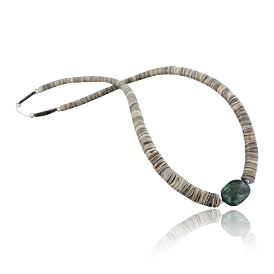 Certified Authentic C. Navajo .925 Sterling Silver Graduated Melon Shell and Turquoise Native American Necklace 15213-26 Certified Authentic C. Navajo .925 Sterling Silver Graduated Melon Shell and Turquoise Native American Necklace 15213-26