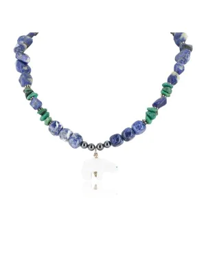 Certified Authentic Carved Bear Navajo .925 Sterling Silver Natural Turquoise Lapis Bone Native American Necklace 15997-8