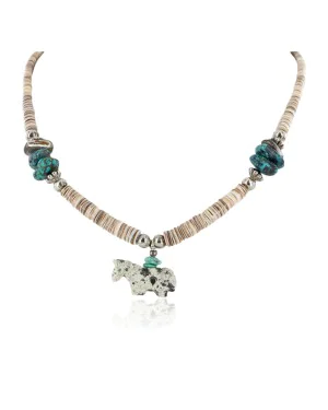 Carved Horse Navajo .925 Sterling Silver Natural Turquoise Graduated Melon Shell Jasper Necklace 15778-37