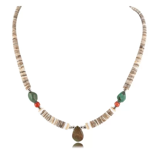 Certified Authentic Drop Navajo .925 Sterling Silver Natural Turquoise Coral Graduated Heishi Native American Necklace 15958-11 Certified Authentic Drop Navajo .925 Sterling Silver Natural Turquoise Coral Graduated Heishi Native American Necklace 15958-11