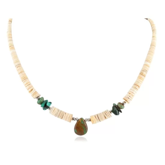 Certified Authentic Drop Navajo .925 Sterling Silver Natural Turquoise Graduated Melon Shell Native American Necklace 15632-48 Certified Authentic Drop Navajo .925 Sterling Silver Natural Turquoise Graduated Melon Shell Native American Necklace 15632-48