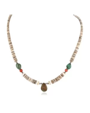Certified Authentic Drop Navajo .925 Sterling Silver Natural Turquoise Graduated Melon Shell Native American Necklace 15778-11