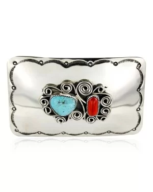 Certified Authentic Flower Navajo Nickel Natural Turquoise and Coral Native American Buckle 1192-2