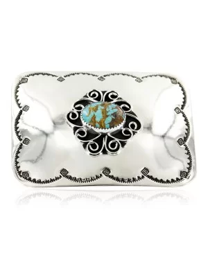 Certified Authentic Flower Navajo Nickel Natural Turquoise Native American Buckle 1204-2