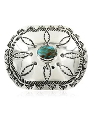 Certified Authentic Flower Navajo Nickel Natural Turquoise Native American Buckle 1204