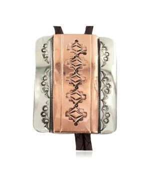 Certified Authentic Handmade Leather Navajo Pure Copper and Nickel Native American Bolo Tie 24489-6