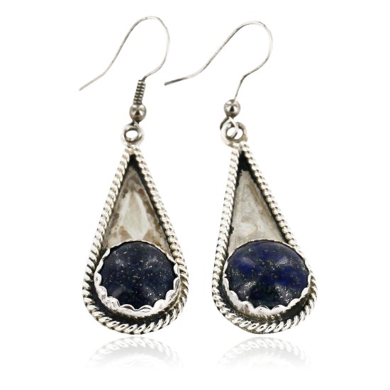 Certified Authentic Handmade Navajo .925 Sterling Silver Dangle Native American Earrings Natural Lapis 18046