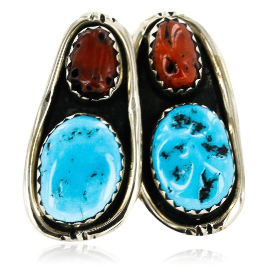 Certified Authentic Handmade Navajo .925 Sterling Silver Native American Earrings Natural Turquoise Coral Stud Earrings 17870