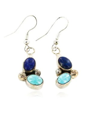 Certified Authentic Handmade Navajo .925 Sterling Silver Native American Natural Turquoise Lapis Dangle Earrings 27117