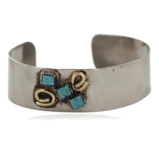 Certified Authentic Handmade Navajo Brass Natural Turquoise Native American Nickel Bracelet  92019-1