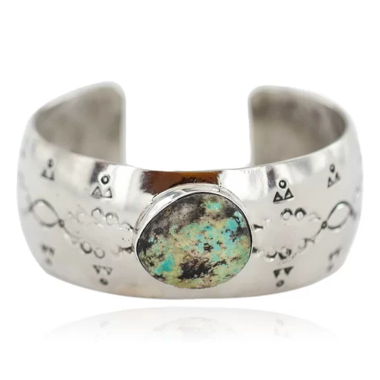 Certified Authentic Handmade Navajo Natural Mountain Turquoise Native American Nickel Bracelet 13092-3