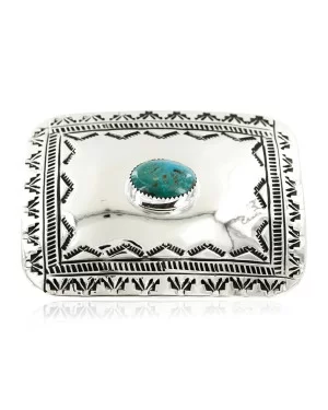 Certified Authentic Handmade Navajo Nickel Natural Turquoise Native American Buckle 1204-1