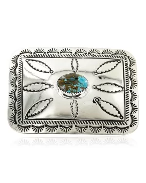 Certified Authentic Handmade Navajo Nickel Natural Turquoise Native American Buckle 1204-5