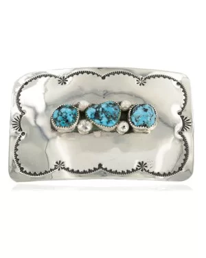Certified Authentic Handmade Navajo Nickel Natural Turquoise Native American Buckle 1212