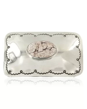 Certified Authentic Handmade Navajo Nickel White Howlite Native American Buckle 1208-1