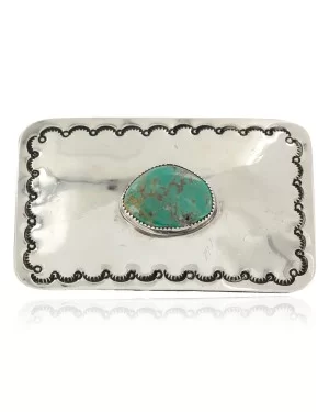 Certified Authentic Handmade Nickel Navajo Natural Turquoise Native American Buckle 1207-11