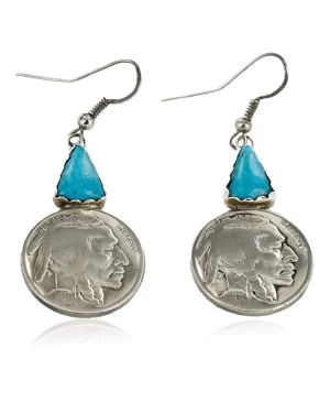 Certified Authentic Handmade Vintage Style Buffalo Nickels Navajo .925 Sterling Silver Dangle Native American Earrings Natural Turquoise 18018