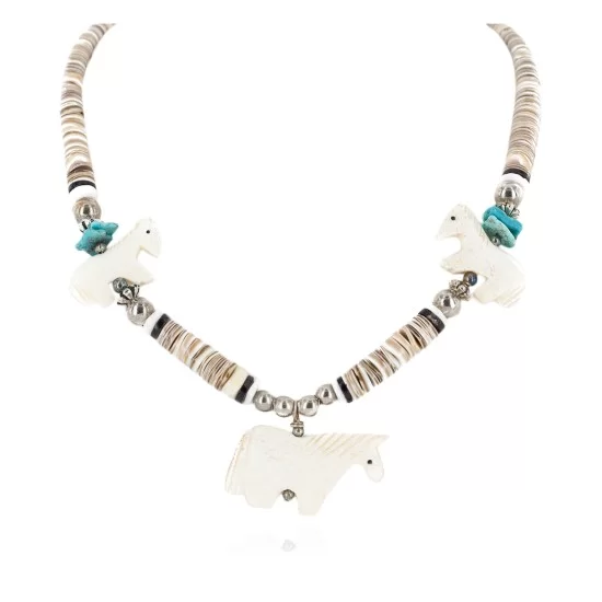 Certified Authentic Horse Navajo .925 Sterling Silver Natural Turquoise Alabaster Graduated Melon Shell Native American Necklace 750133
