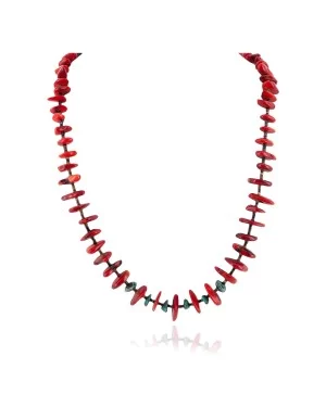 Certified Authentic Navajo .925 Sterling Silver Coral and Natural Turquoise Native American Necklace 15343-25