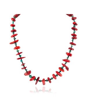 Certified Authentic Navajo .925 Sterling Silver Coral and Natural Turquoise Native American Necklace 15825-1