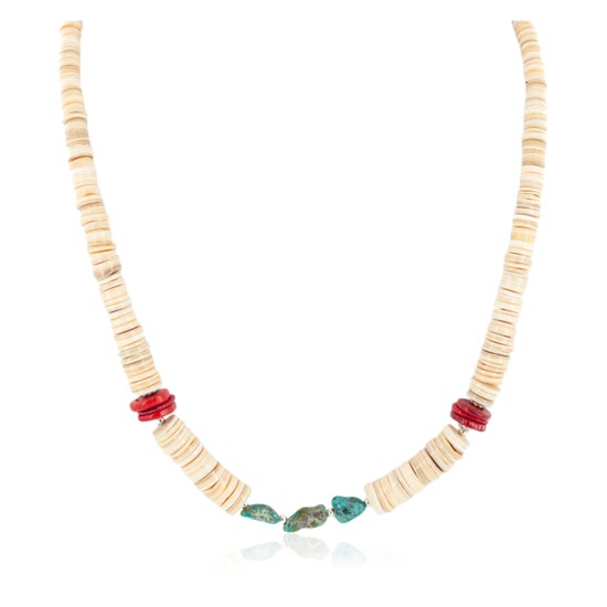 Certified Authentic Navajo .925 Sterling Silver Coral Natural Turquoise Graduated Melon Shell Native American Necklace 25289-5 Certified Authentic Navajo .925 Sterling Silver Coral Natural Turquoise Graduated Melon Shell Native American Necklace 25289-5