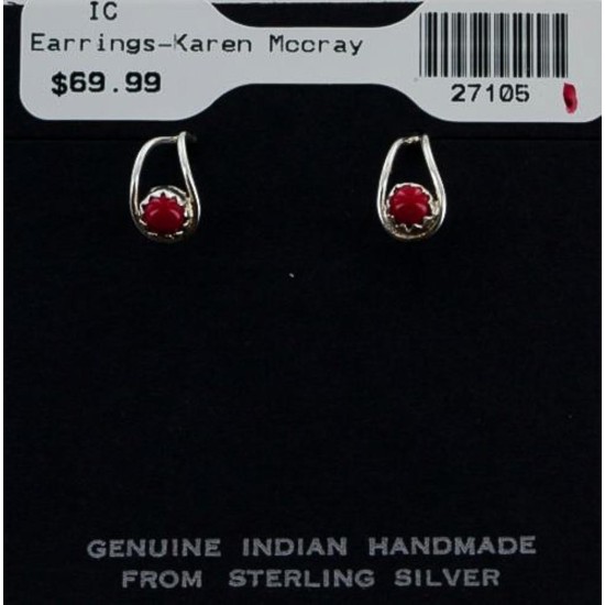 Certified Authentic Navajo .925 Sterling Silver Coral Stud Native American Earrings 390905662438 All Products 27105-1 390905662438 (by LomaSiiva)