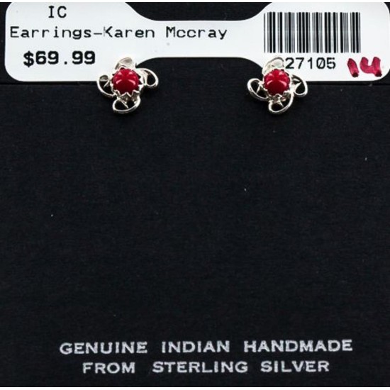 Certified Authentic Navajo .925 Sterling Silver Coral Stud Native American Earrings 390914407123 All Products 27105-14 390914407123 (by LomaSiiva)