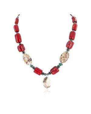 Certified Authentic Navajo .925 Sterling Silver Coral White Howlite Hematite Native American Necklace 16095