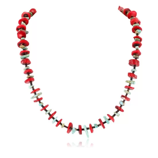 Certified Authentic Navajo .925 Sterling Silver Graduated Coral and Turquoise Native American Necklace 15465-11 Certified Authentic Navajo .925 Sterling Silver Graduated Coral and Turquoise Native American Necklace 15465-11