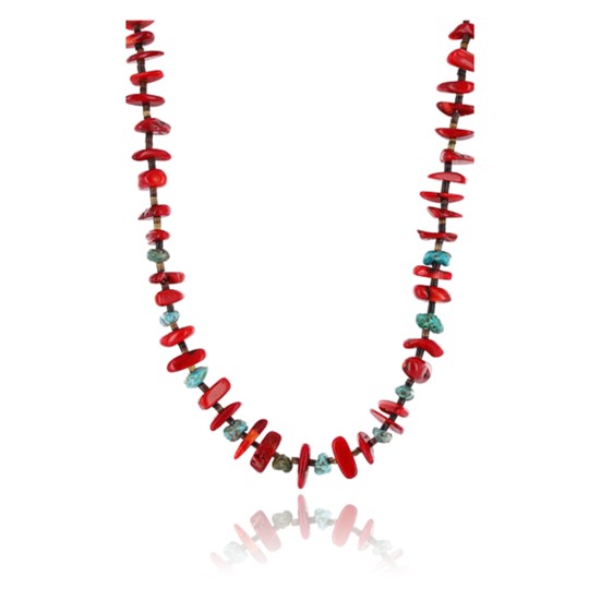 Certified Authentic Navajo .925 Sterling Silver Graduated Coral and Turquoise Native American Necklace 750101-6
