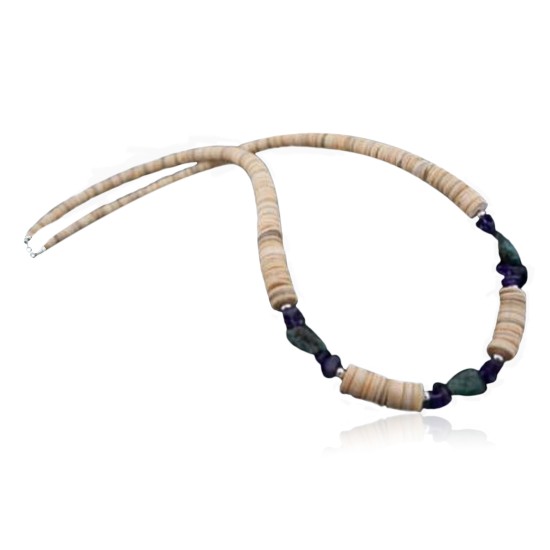 Certified Authentic Navajo .925 Sterling Silver Graduated Heishi Amethyst, Turquoise Native American Necklace 7501009-5