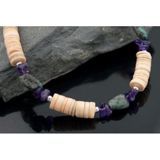 Certified Authentic Navajo .925 Sterling Silver Graduated Heishi Amethyst, Turquoise Native American Necklace 7501009-5