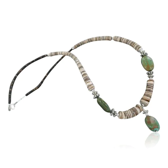 Certified Authentic Navajo .925 Sterling Silver Graduated Melon Shell and AJAX and TURQUOISE MOUNTAIN Native American Necklace 18108-6