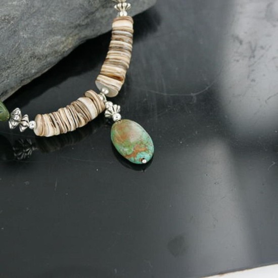 Certified Authentic Navajo .925 Sterling Silver Graduated Melon Shell and AJAX and TURQUOISE MOUNTAIN Native American Necklace 18108-6 Certified Authentic Navajo .925 Sterling Silver Graduated Melon Shell and AJAX and TURQUOISE MOUNTAIN Native American Necklace 18108-6