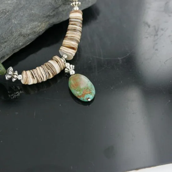 Certified Authentic Navajo .925 Sterling Silver Graduated Melon Shell and AJAX and TURQUOISE MOUNTAIN Native American Necklace 18108-6