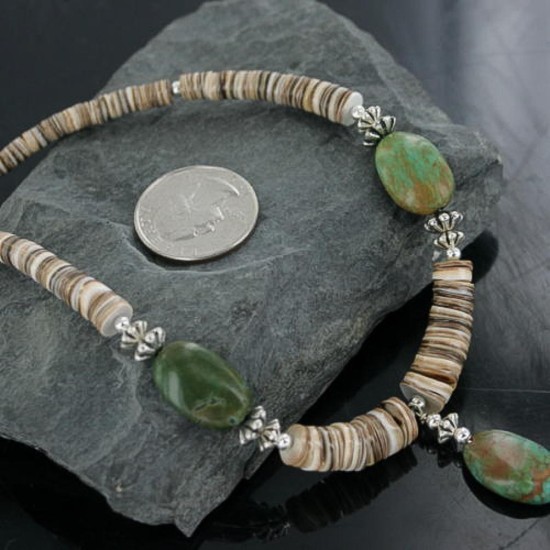 Certified Authentic Navajo .925 Sterling Silver Graduated Melon Shell and AJAX and TURQUOISE MOUNTAIN Native American Necklace 18108-6 Certified Authentic Navajo .925 Sterling Silver Graduated Melon Shell and AJAX and TURQUOISE MOUNTAIN Native American Necklace 18108-6