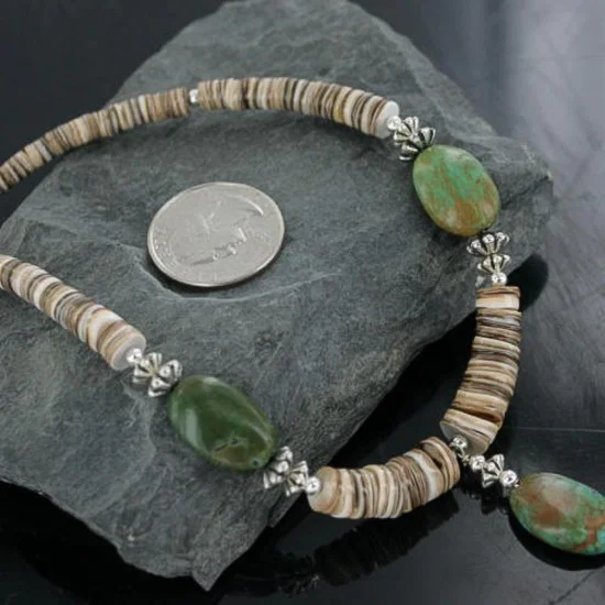 Certified Authentic Navajo .925 Sterling Silver Graduated Melon Shell and AJAX and TURQUOISE MOUNTAIN Native American Necklace 18108-6