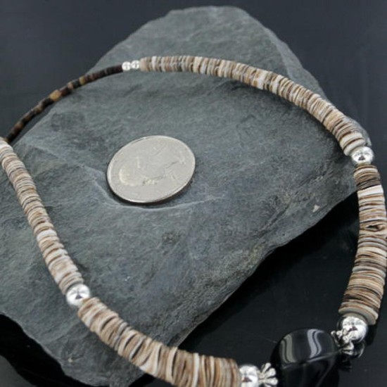 Certified Authentic Navajo .925 Sterling Silver Graduated Melon Shell and Black Onyx Turquoise Native American Necklace 15554-14 Certified Authentic Navajo .925 Sterling Silver Graduated Melon Shell and Black Onyx Turquoise Native American Necklace 15554-14