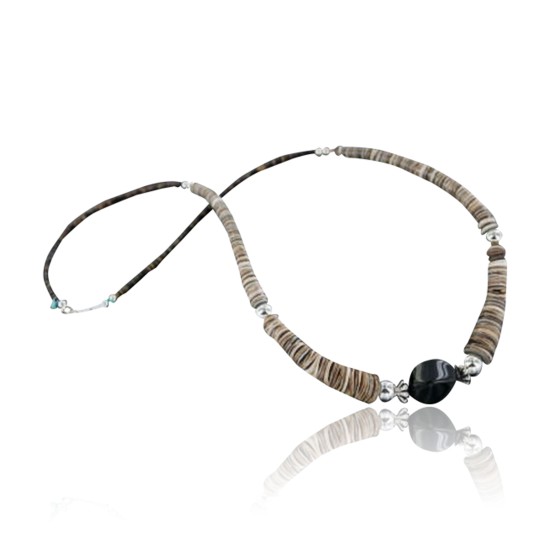 Certified Authentic Navajo .925 Sterling Silver Graduated Melon Shell and Black Onyx Turquoise Native American Necklace 15554-14 Certified Authentic Navajo .925 Sterling Silver Graduated Melon Shell and Black Onyx Turquoise Native American Necklace 15554-14