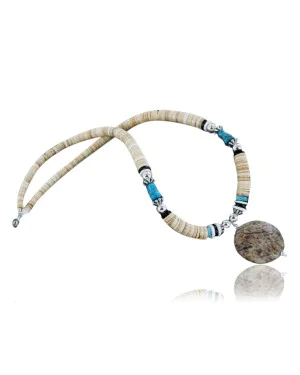 Certified Authentic Navajo .925 Sterling Silver Graduated Melon Shell and Jasper Turquoise Native American Necklace 370898965382
