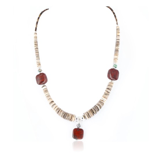 Certified Authentic Navajo .925 Sterling Silver Graduated Melon Shell and Jasper Turquoise Native American Necklace 790101-17 Certified Authentic Navajo .925 Sterling Silver Graduated Melon Shell and Jasper Turquoise Native American Necklace 790101-17