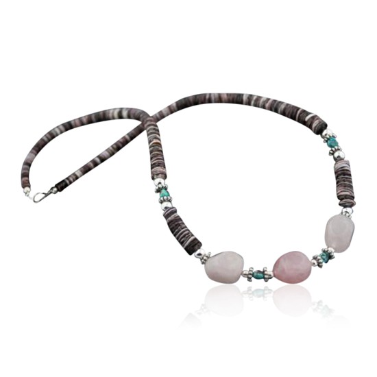 Certified Authentic Navajo .925 Sterling Silver Graduated Melon Shell and Natural Turquoise Quartz Native American Necklace 7501006-100