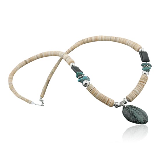 Certified Authentic Navajo .925 Sterling Silver Graduated Melon Shell and Onyx Jasper Turquoise Native American Necklace 15213-5