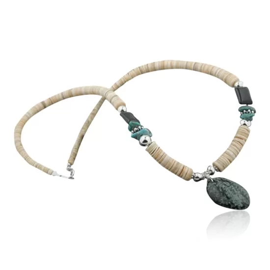 Certified Authentic Navajo .925 Sterling Silver Graduated Melon Shell and Onyx Jasper Turquoise Native American Necklace 15213-5