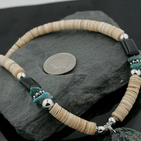 Certified Authentic Navajo .925 Sterling Silver Graduated Melon Shell and Onyx Jasper Turquoise Native American Necklace 15213-5
