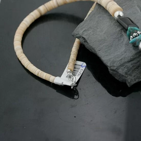 Certified Authentic Navajo .925 Sterling Silver Graduated Melon Shell and Onyx Jasper Turquoise Native American Necklace 15213-5