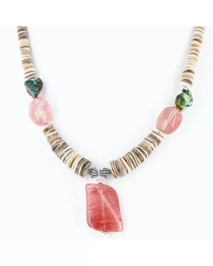 Certified Authentic Navajo .925 Sterling Silver Graduated Melon Shell and Quartz and Turquoise Native American Necklace 15427-8