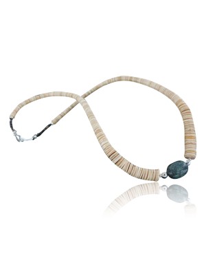 Certified Authentic Navajo .925 Sterling Silver Graduated Melon Shell and ST Turquoise Native American Necklace 15151-22