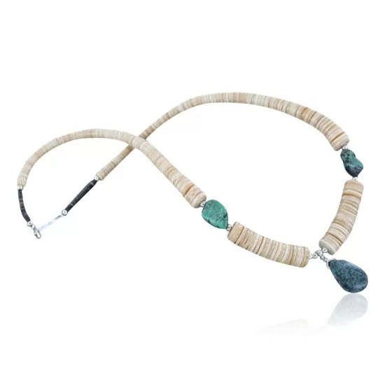 Certified Authentic Navajo .925 Sterling Silver Graduated Melon Shell and STORMY MTN. Turquoise 19 Native American Necklace 7501008-19 Certified Authentic Navajo .925 Sterling Silver Graduated Melon Shell and STORMY MTN. Turquoise 19 Native American Necklace 7501008-19